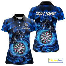 Load image into Gallery viewer, Personalized blue flame dragon darts polo shirt for women with vibrant fire and dragon inspired design.