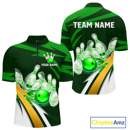 Personalized green strike ball bowling team jersey quarter zip shirt for men featuring green strike bowling ball artwork, premium custom bowling apparel.