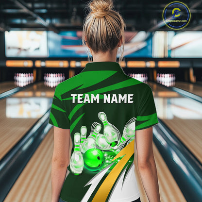 Woman wearing personalized green strike ball bowling team jersey polo shirt featuring green strike ball artwork, back view.