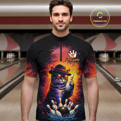 Personalized Vintage Funny Cat Bowling Shirt For Men Custom Bowling Jersey Team Polo & 1/4 Zip TDM5861
