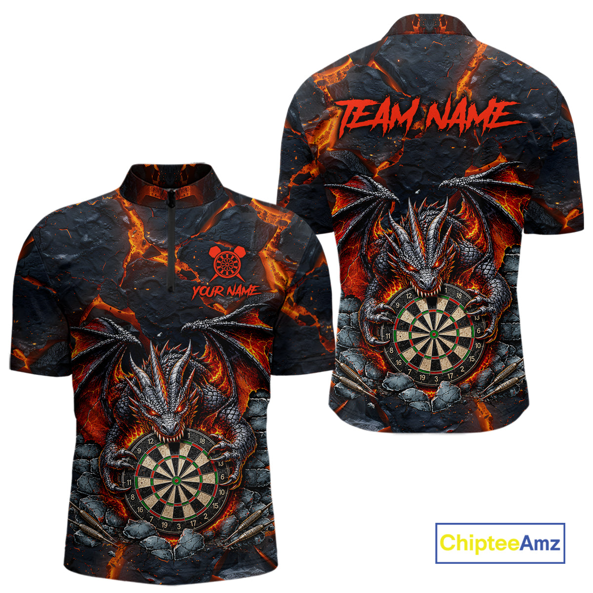 Black and Orange Dartboard Fire Flame Dragon Quarter Zip Darts Shirt for Men Created for Competitive Dart League Teams with Performance Fabric and Tournament Ready Team Design