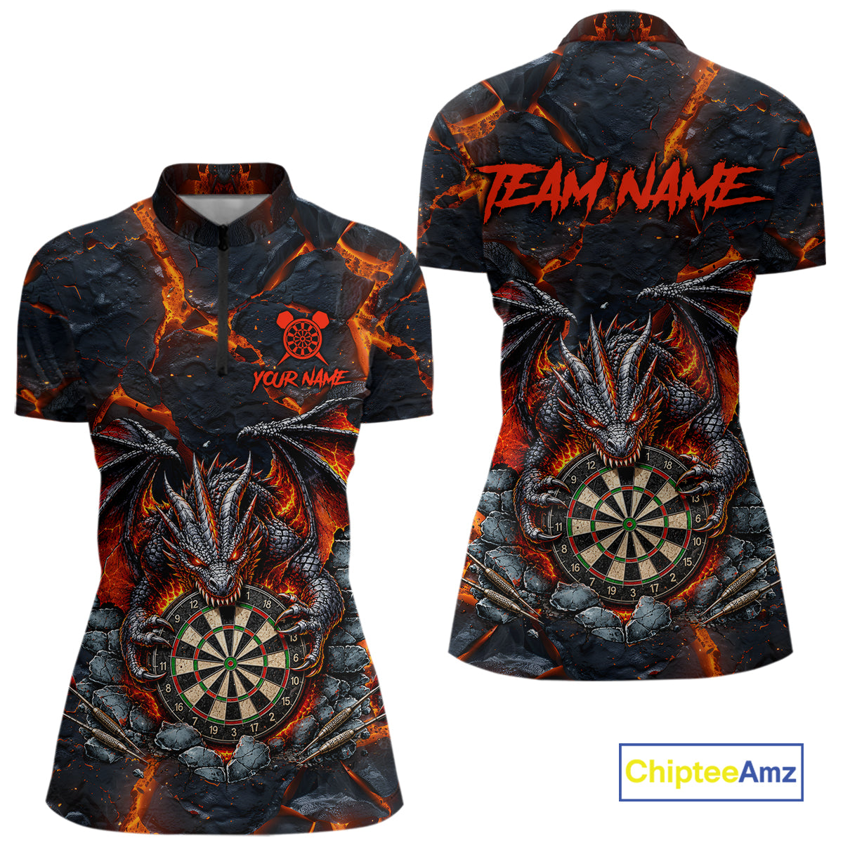 Black and Orange Dartboard Fire Flame Dragon Quarter Zip Darts Shirt for Women Created for Competitive Dart League Teams with Performance Fabric and Tournament Ready Team Design