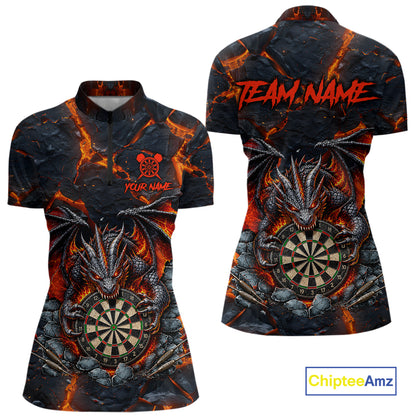 Black and Orange Dartboard Fire Flame Dragon Quarter Zip Darts Shirt for Women Created for Competitive Dart League Teams with Performance Fabric and Tournament Ready Team Design