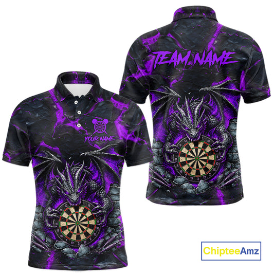 Custom Black and Purple Fire Flame Dragon Darts Polo Shirt for Men Designed for Personalized Darts League Team Jerseys with Premium Athletic Performance and Striking Dragon Artwork