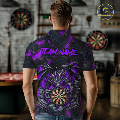 Man Wearing Black and Purple Fire Flame Dragon Custom Darts League Team Jersey Featuring the Complete Rear Graphic Design, Back View