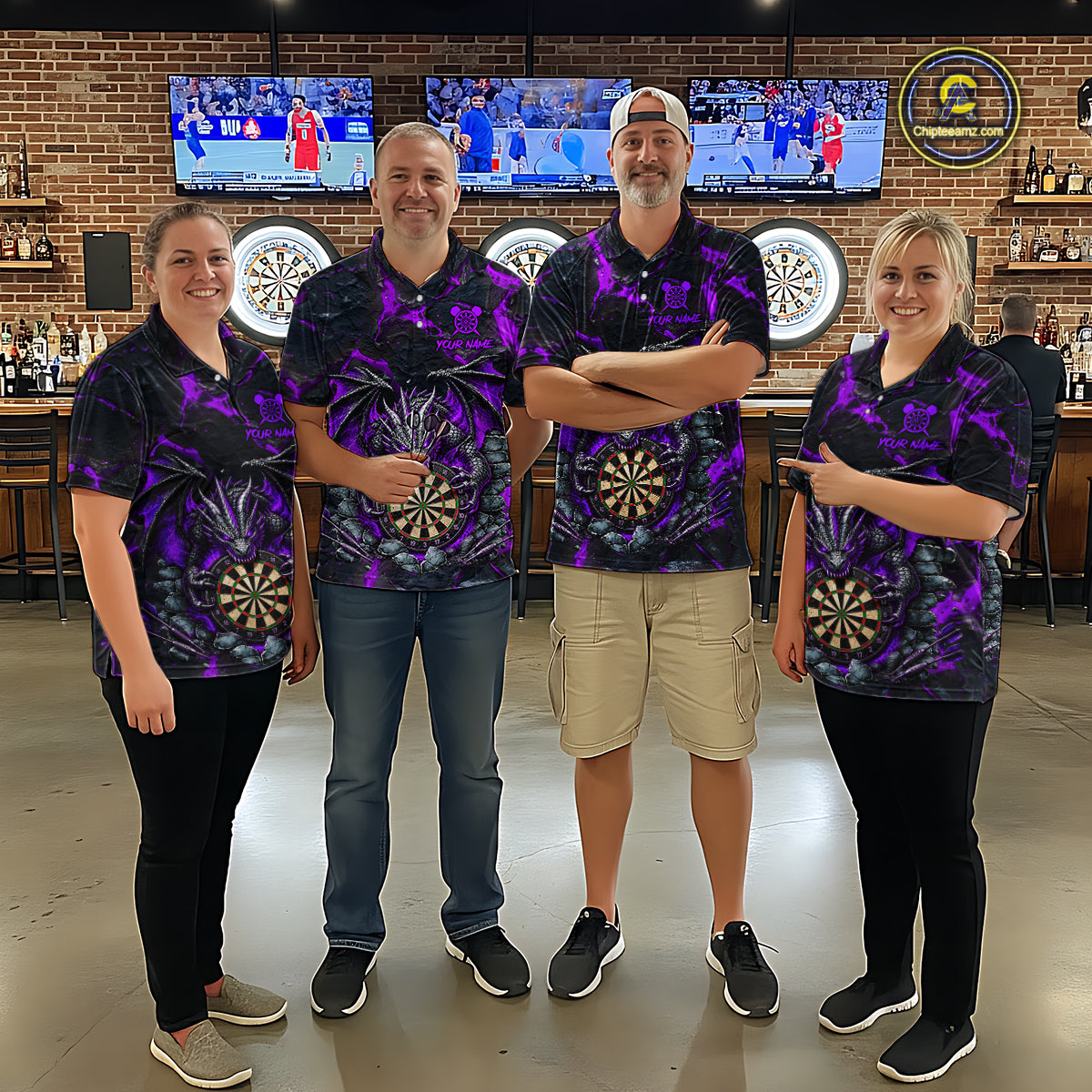 Dart Team Wearing Black and Purple Fire Flame Dragon Darts Jerseys During League Competition and Tournament Matches, Front View