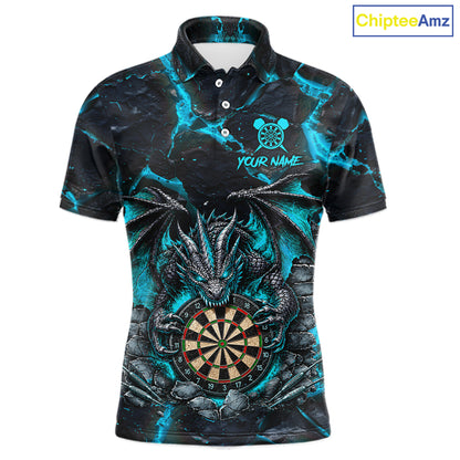 Black and Turquoise Fire Flame Dragon Darts Polo Shirt for Men Featuring a Fierce Fire Dragon Design for Dart League Players, Team Competition, and Tournament Events