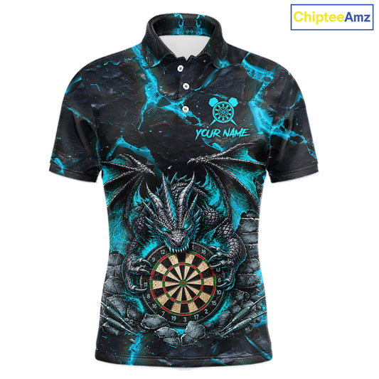 Black and Turquoise Fire Flame Dragon Darts Polo Shirt for Men Featuring a Fierce Fire Dragon Design for Dart League Players, Team Competition, and Tournament Events