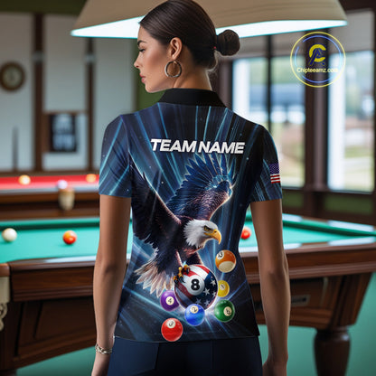 Blue 8 Ball US Flag Eagle Lightning Billiard Shirt For Women Custom Pool Team Jersey Polo & 1/4 Zip TDM5375