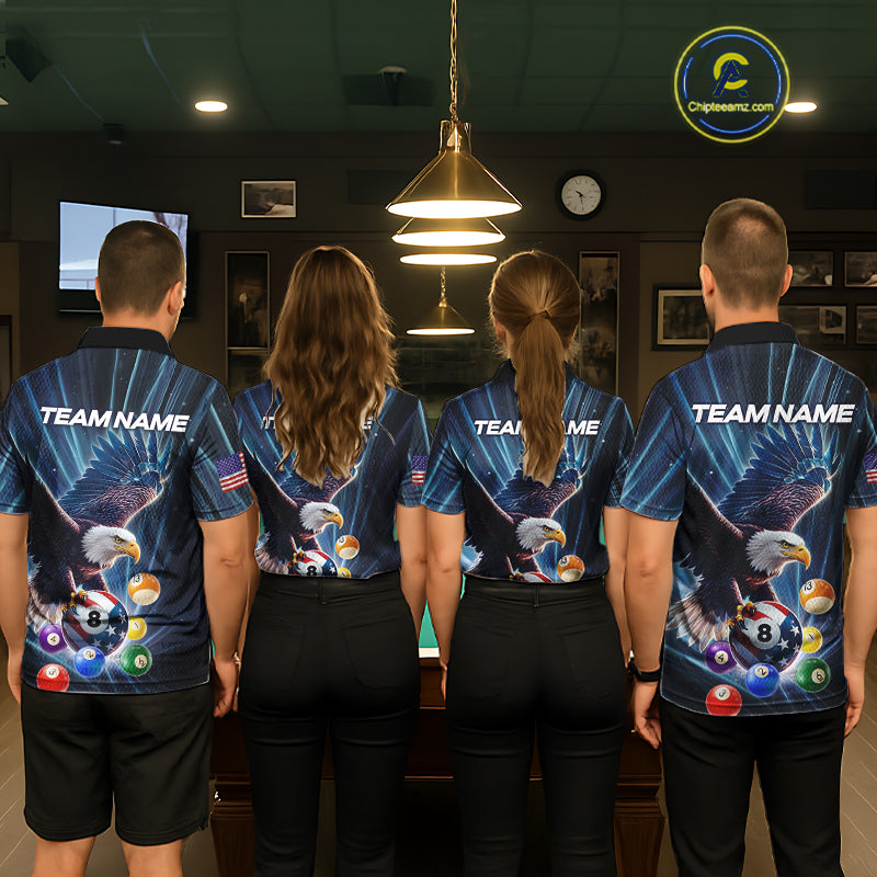 Blue 8 Ball US Flag Eagle Lightning Billiard Shirt For Men Custom Pool Team Jersey Polo & 1/4 Zip TDM5375