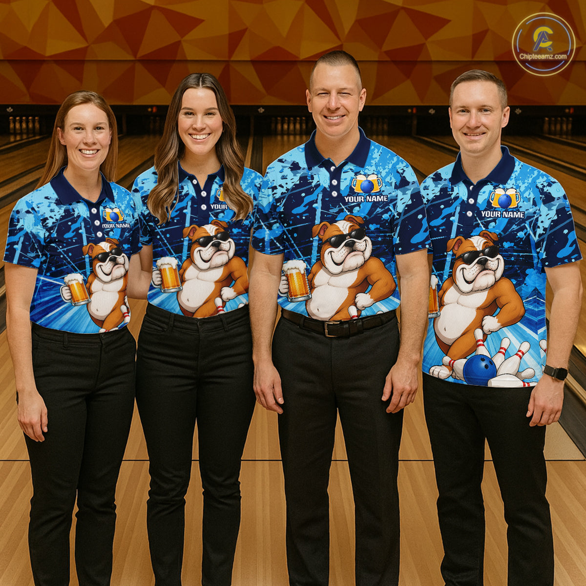 Blue Funny Bulldog Bowling Beer Polo & 1/4 Zip Shirts For Women Custom Bowling Team Jersey TDM6473