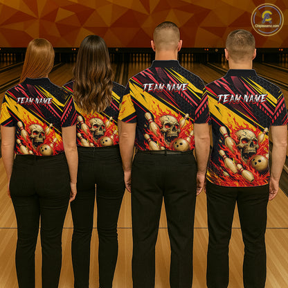 Red & Yellow Flaming Skull Bowling Jersey For Women Custom Bowling League Shirts Team Polo & 1/4 Zip TDM6476