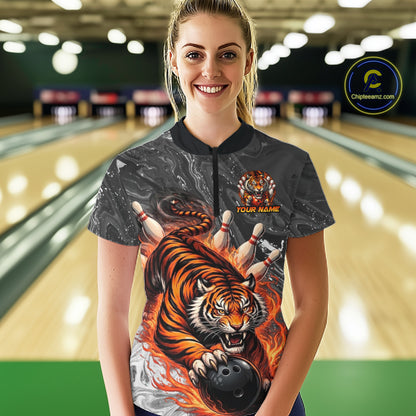 Personalized Flame Tiger Bowling Shirt For Women Custom Bowling League Team Jersey Polo & 1/4 Zip TDM6295