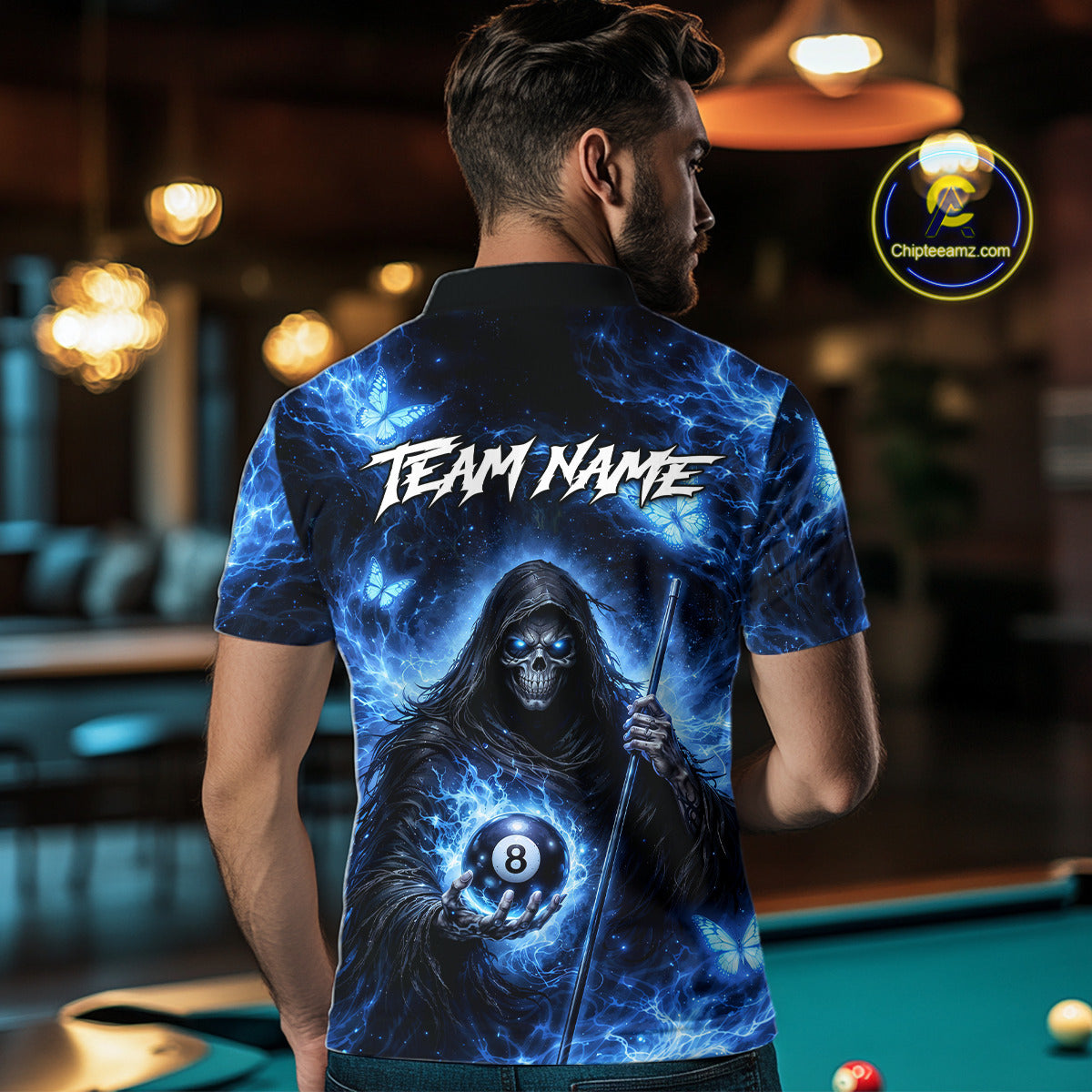 Blue Grim Reaper Butterfly Billiard Shirt For Men Custom 8 Ball Pool Team Jersey Polo & 1/4 Zip TDM6299
