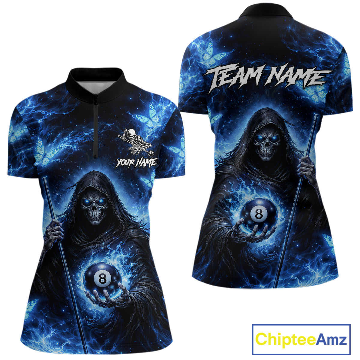 Blue Grim Reaper Butterfly Billiard Shirt For Women Custom 8 Ball Pool Team Jersey Polo & 1/4 Zip TDM6299
