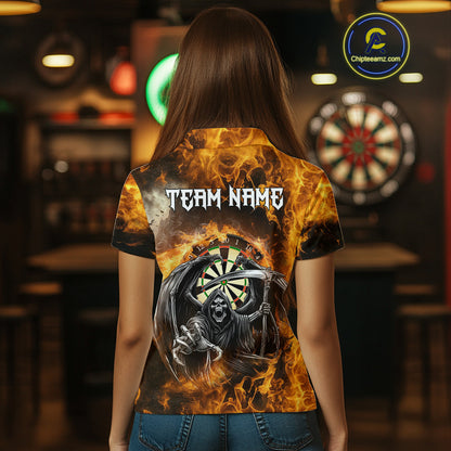 Personalized Orange Flaming Grim Reaper Darts Shirt For Women Custom Fire Darts Team Jersey TDM4974