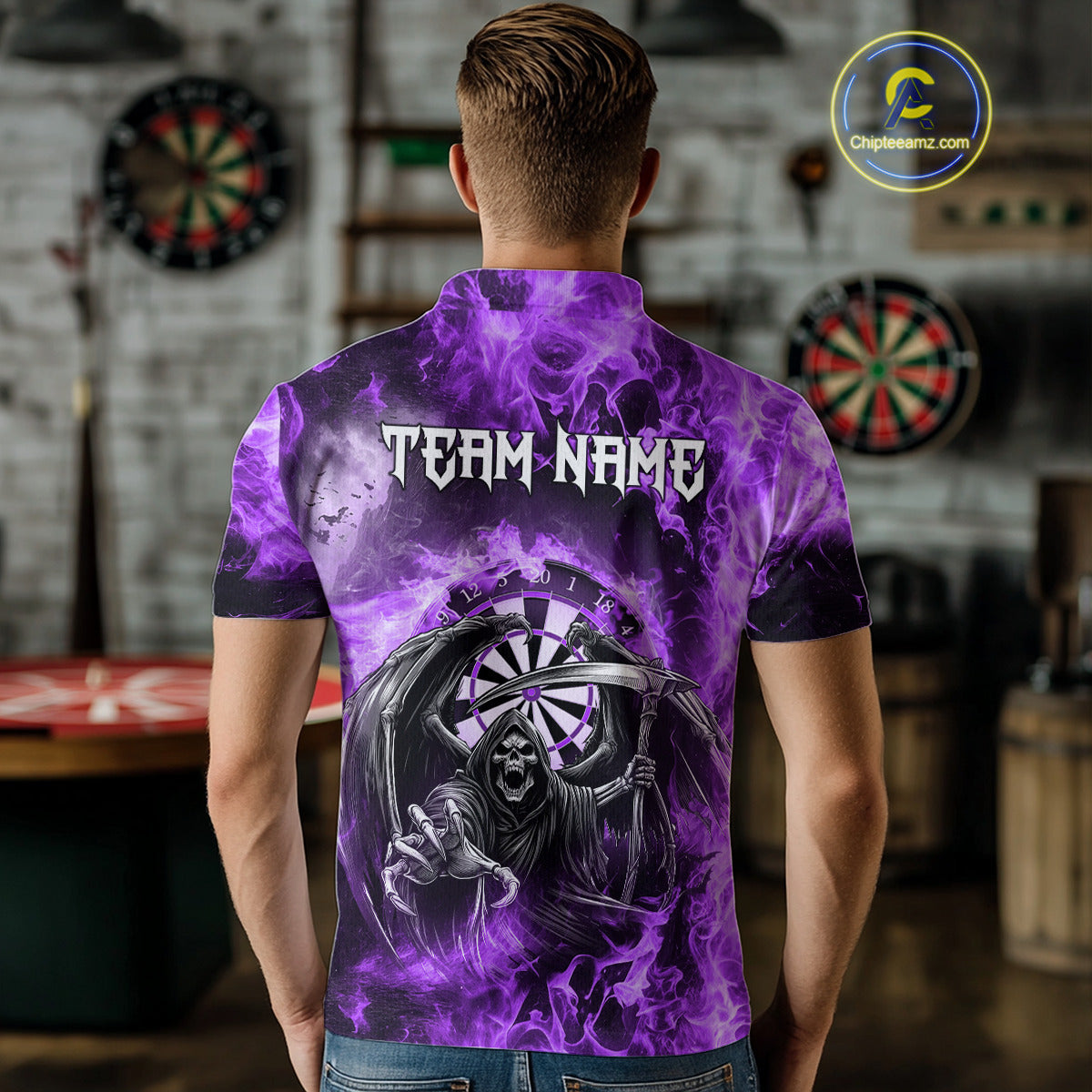 Personalized Purple Flaming Grim Reaper Darts Shirt For Men Custom Fire Darts Team Jersey TDM4976