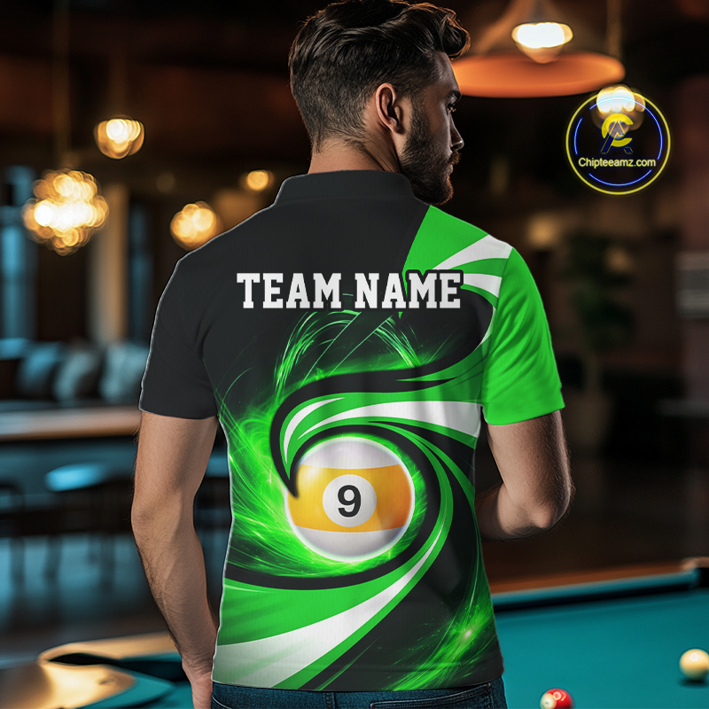 Man wearing black and green 8 ball and 9 ball pool billiard team jersey polo shirt featuring bold black and green graphics, back view.
