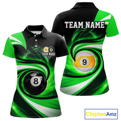 Black and green 8 ball and 9 ball pool billiard team jersey polo shirt for women featuring bold black and green graphics, premium custom pool league apparel for tournaments, league competition and team events.