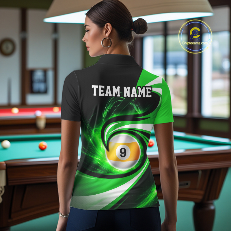 Woman wearing black and green 8 ball and 9 ball pool billiard team jersey polo shirt featuring bold black and green graphics, back view.