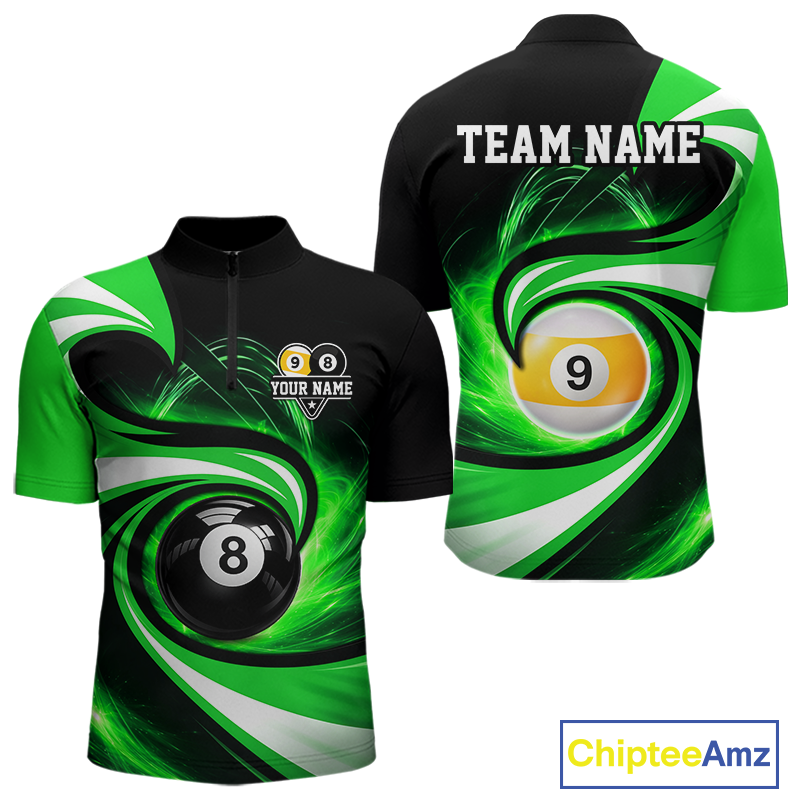 Black and green 8 ball and 9 ball pool billiard team jersey quarter zip shirt for men featuring premium black and green artwork, custom billiard league apparel for competitive players.