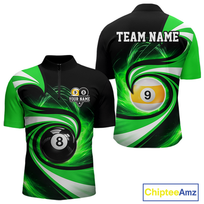 Black and green 8 ball and 9 ball pool billiard team jersey quarter zip shirt for men featuring premium black and green artwork, custom billiard league apparel for competitive players.