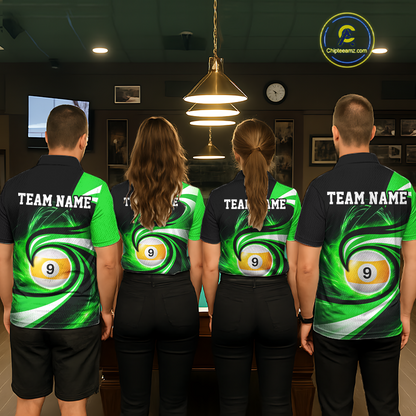 Billiard team wearing matching black and green 8 ball and 9 ball pool team jerseys featuring premium custom artwork, back view.