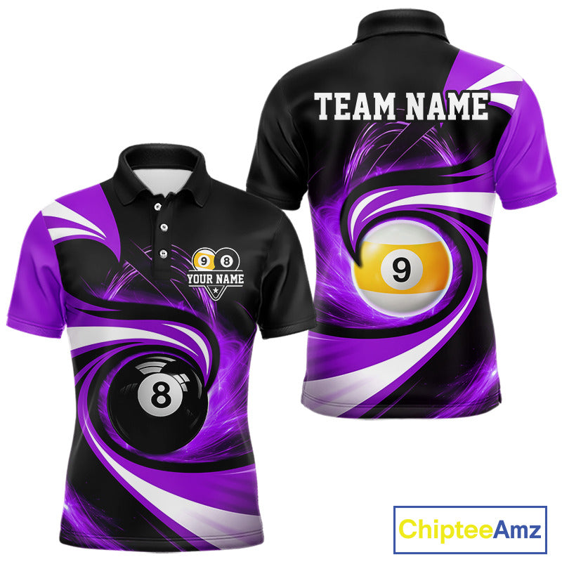 Black and purple 8 ball and 9 ball pool billiard team jersey polo shirt for men featuring bold black and purple graphics, premium custom pool league apparel for tournaments, league play and competitive billiard teams.