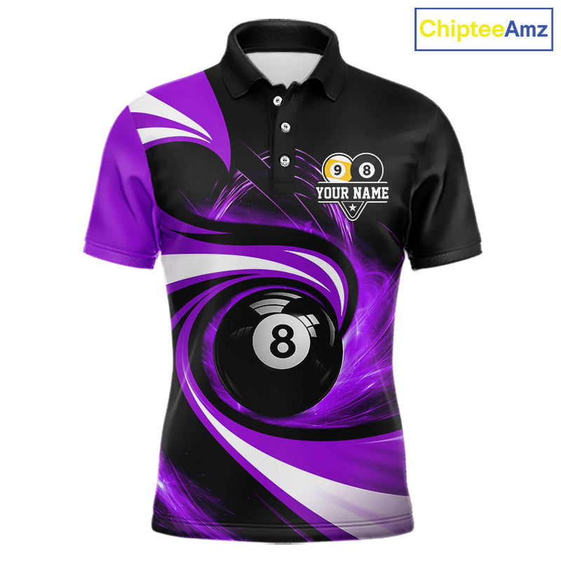 Black and purple 8 ball and 9 ball pool billiard team jersey polo shirt for men featuring bold black and purple graphics, premium custom pool league apparel for tournaments, league play and competitive billiard teams.
