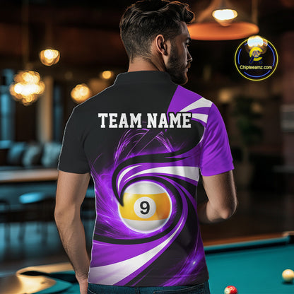 Man wearing black and purple 8 ball and 9 ball pool billiard team jersey polo shirt featuring bold black and purple graphics, back view.