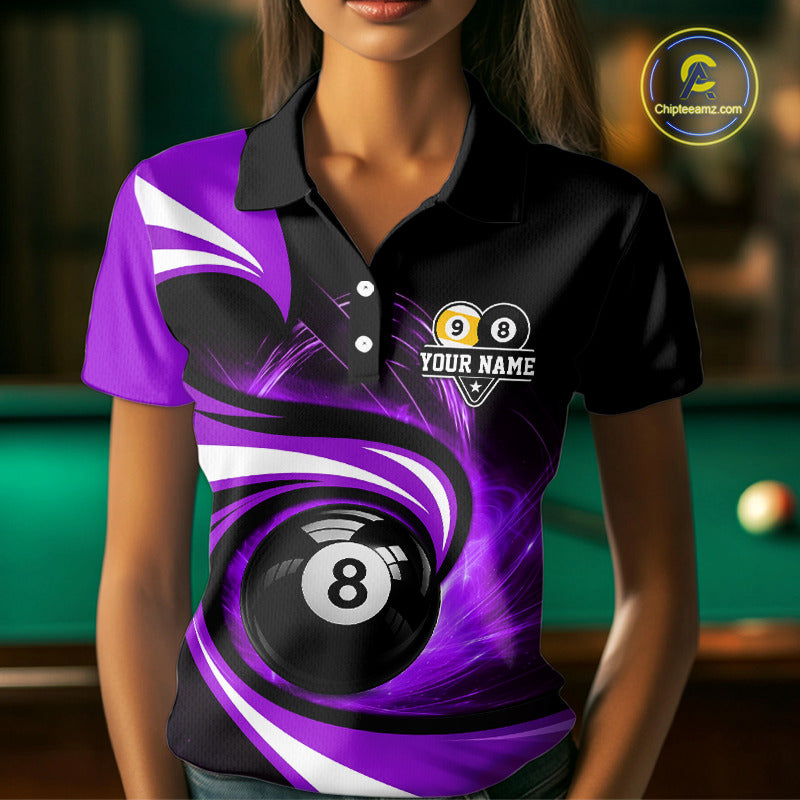 Woman wearing black and purple 8 ball and 9 ball pool billiard team jersey polo shirt featuring bold black and purple graphics, front view.