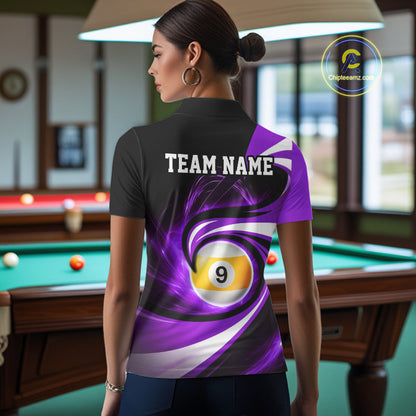 Woman wearing black and purple 8 ball and 9 ball pool billiard team jersey polo shirt featuring bold black and purple graphics, back view.