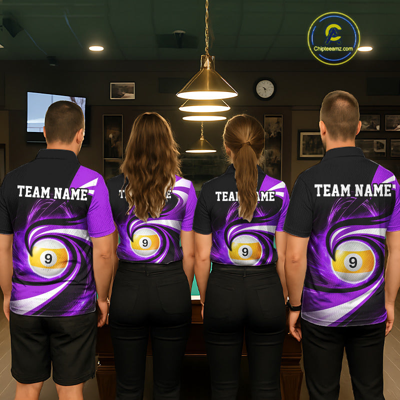 Billiard team wearing matching black and purple 8 ball and 9 ball pool team jerseys featuring premium custom graphics, back view.