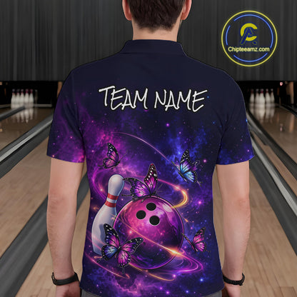Pink And Purple Butterfly Bowling Shirt For Men Custom Glowing Bowling Jersey Polo & 1/4 Zip TDM6320