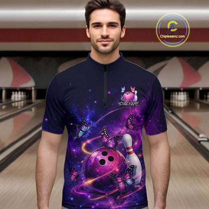 Pink And Purple Butterfly Bowling Shirt For Men Custom Glowing Bowling Jersey Polo & 1/4 Zip TDM6320