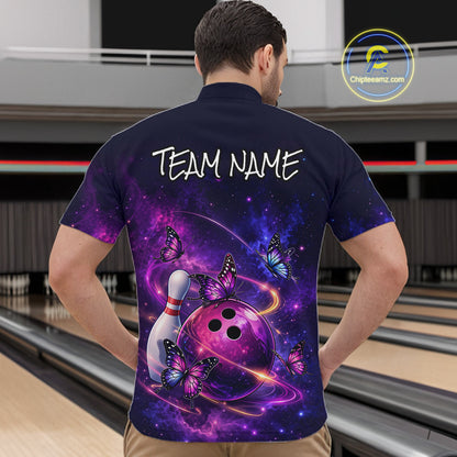 Pink And Purple Butterfly Bowling Shirt For Men Custom Glowing Bowling Jersey Polo & 1/4 Zip TDM6320