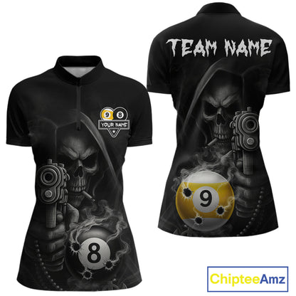 Custom Grim Reaper 8 Ball & 9 Ball Smoke Billiard Shirt For Women, Pool Team Jersey Polo & 1/4 Zip TDM6496