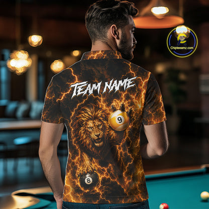 Man wearing custom yellow lightning lion 8 ball and 9 ball billiard pool team jersey polo shirt featuring the yellow lightning lion design, back view.