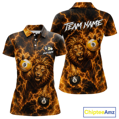 Custom yellow lightning lion 8 ball and 9 ball billiard pool team jersey polo shirt for women featuring a powerful lion with yellow lightning artwork, premium custom pool league apparel for tournaments and competitive billiard players.