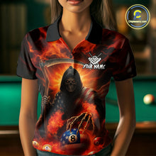 Load image into Gallery viewer, Orange Fire Flame US Flag Grim Reaper Women's Billiards Shirts Custom 8 Ball Pool Team Jersey TDM5200
