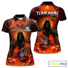 Load image into Gallery viewer, Orange Fire Flame US Flag Grim Reaper Women's Billiards Shirts Custom 8 Ball Pool Team Jersey TDM5200