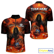 Load image into Gallery viewer, Orange Fire Flame US Flag Grim Reaper Men's Billiards Shirts Custom 8 Ball Pool Team Jersey TDM5200