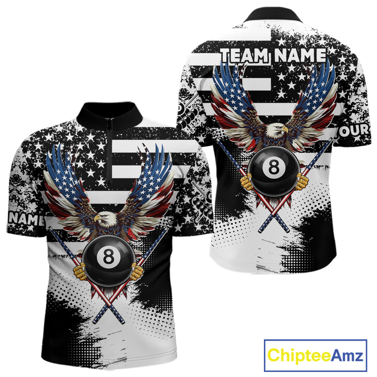 Custom Eagle American Flag 8 Ball Billiard Shirt For Men, Grunge Pool Team Jersey Polo & 1/4 Zip TDM5718