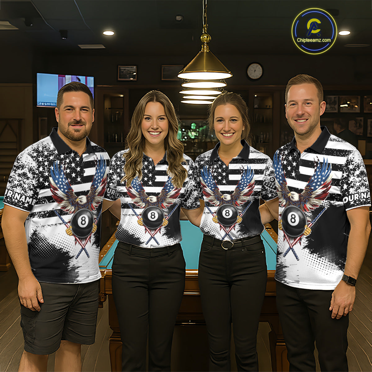 Custom Eagle American Flag 8 Ball Billiard Shirt For Women, Grunge Pool Team Jersey Polo & 1/4 Zip TDM5718