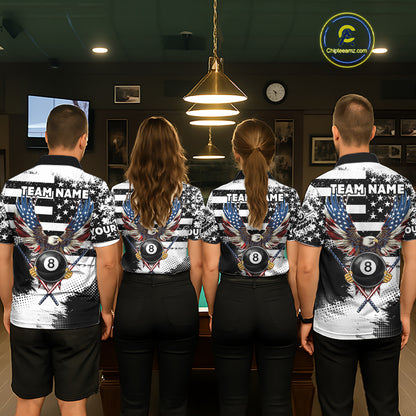 Custom Eagle American Flag 8 Ball Billiard Shirt For Women, Grunge Pool Team Jersey Polo & 1/4 Zip TDM5718