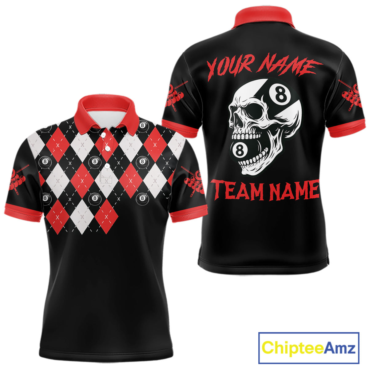 Personalized 8 Ball Pool Skull Argyle Pattern Men's Billiard Shirts, Billiard Team Jersey |Red TDM5719