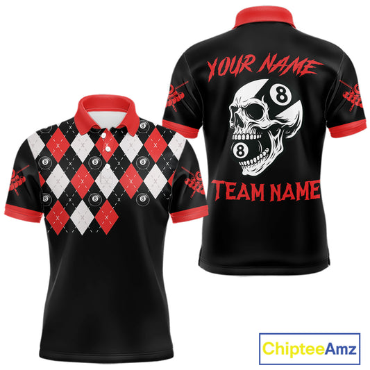 Personalized 8 Ball Pool Skull Argyle Pattern Men's Billiard Shirts, Billiard Team Jersey |Red TDM5719