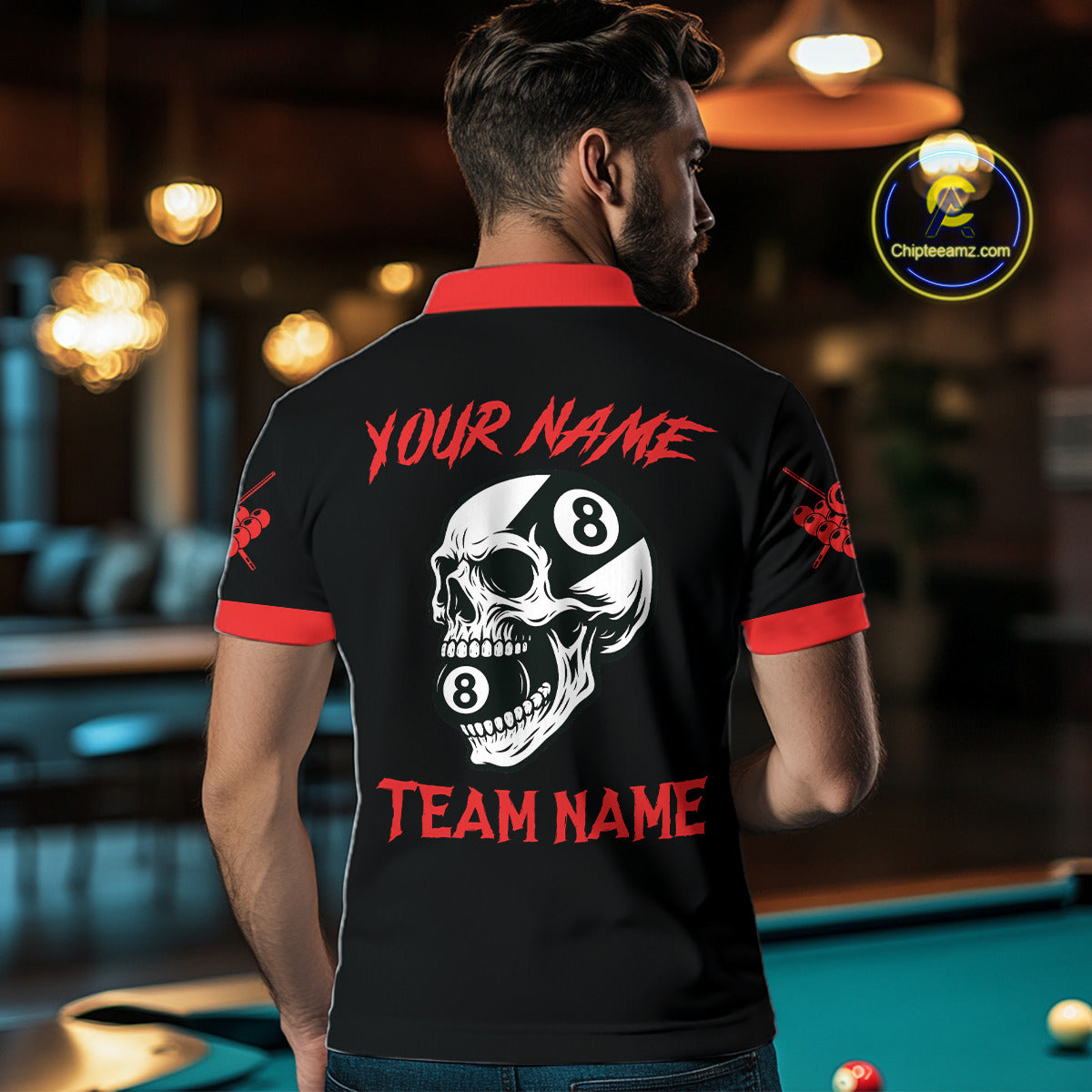 Personalized 8 Ball Pool Skull Argyle Pattern Men's Billiard Shirts, Billiard Team Jersey |Red TDM5719