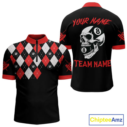 Personalized 8 Ball Pool Skull Argyle Pattern Men's Billiard Shirts, Billiard Team Jersey |Red TDM5719