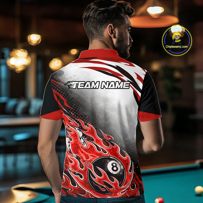 Red Flaming 8 Ball Billiard Jersey Custom Men's Billiard Polo & Quarter Zip, Pool Team Jersey TDM5726